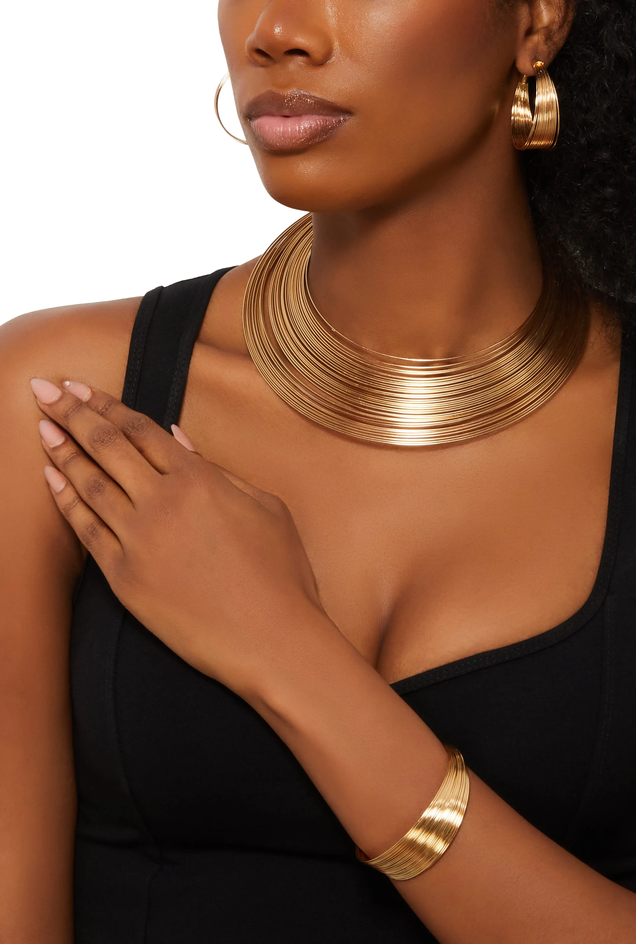 Layered Metallic Choker Necklace and Hoop Earrings sold by Rainbow