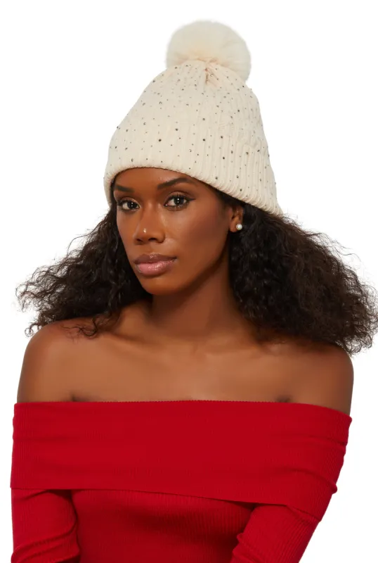 Rhinestone Cable Knit Pom Pom Beanie sold by Rainbow