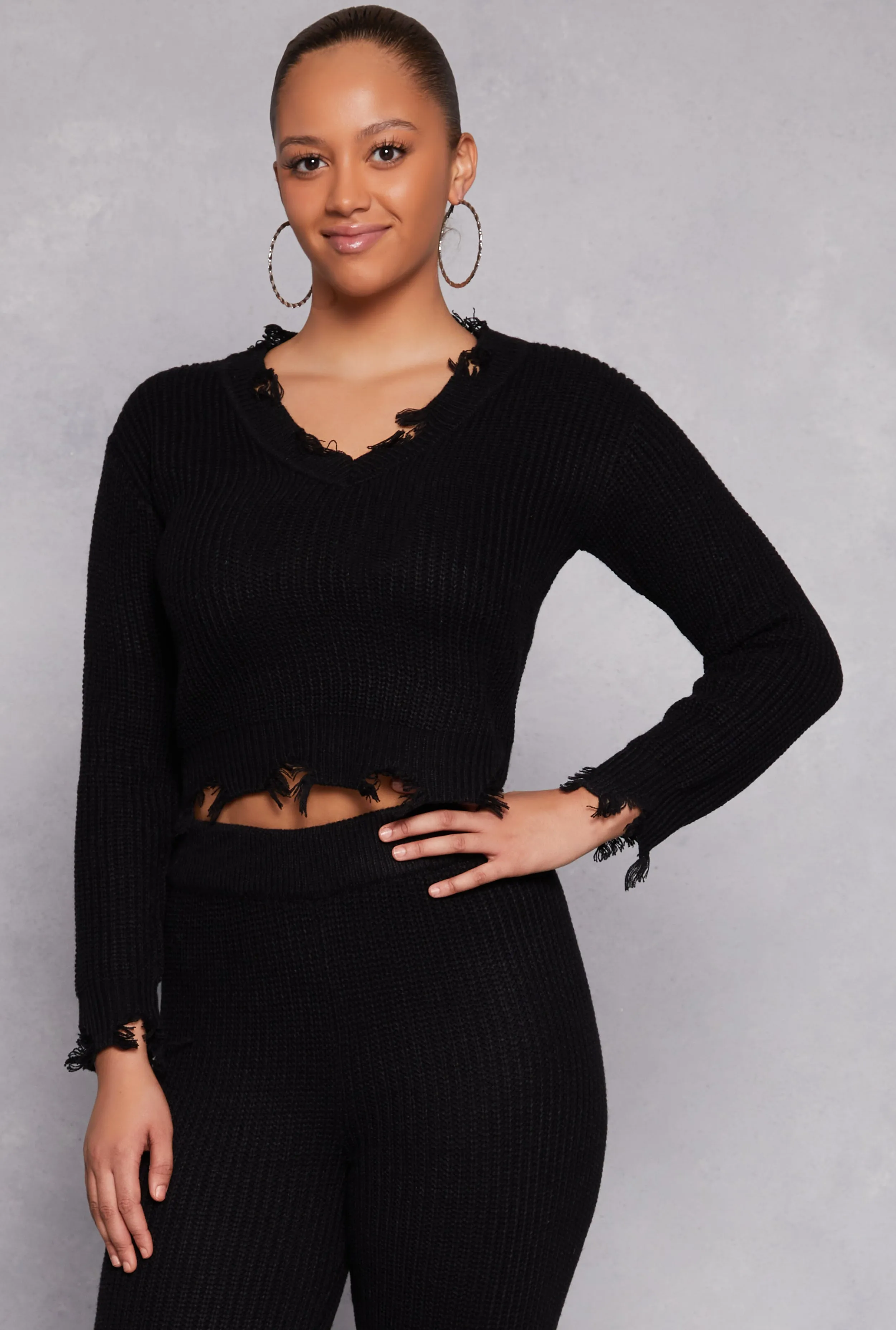 Distressed Long Sleeve V Neck Sweater sold by Rainbow