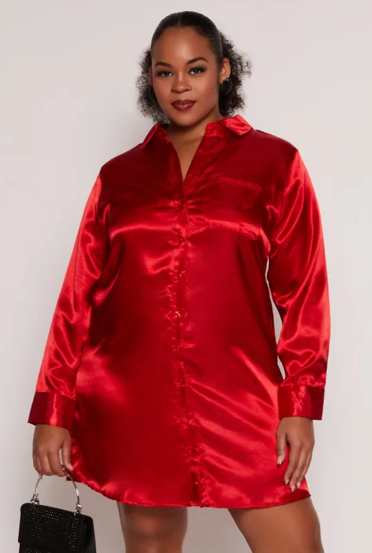 Plus Size Satin Button Front Shirt Dress sold by Rainbow
