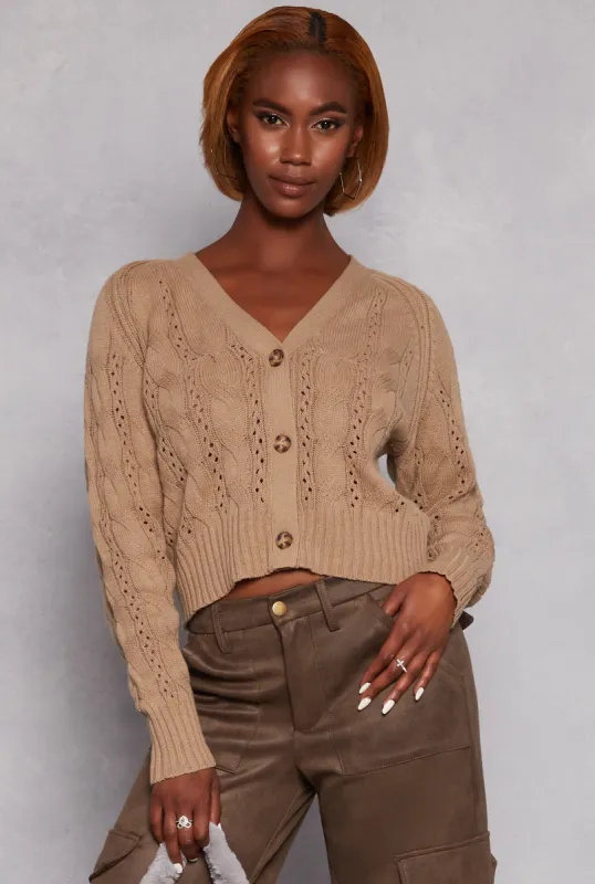 Pointelle Cable Knit Long Sleeve Cardigan sold by Rainbow