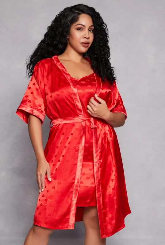 Plus Size Satin Heart Print Cami Nightgown with Robe sold by Rainbow