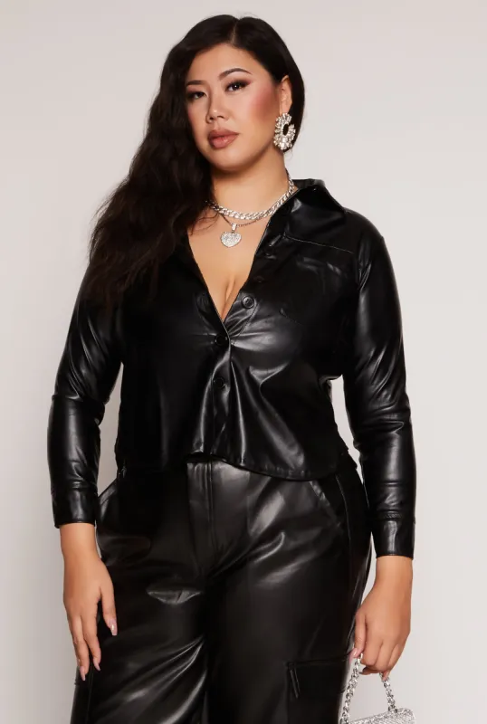 Plus Size Faux Leather Cropped Shirt sold by Rainbow