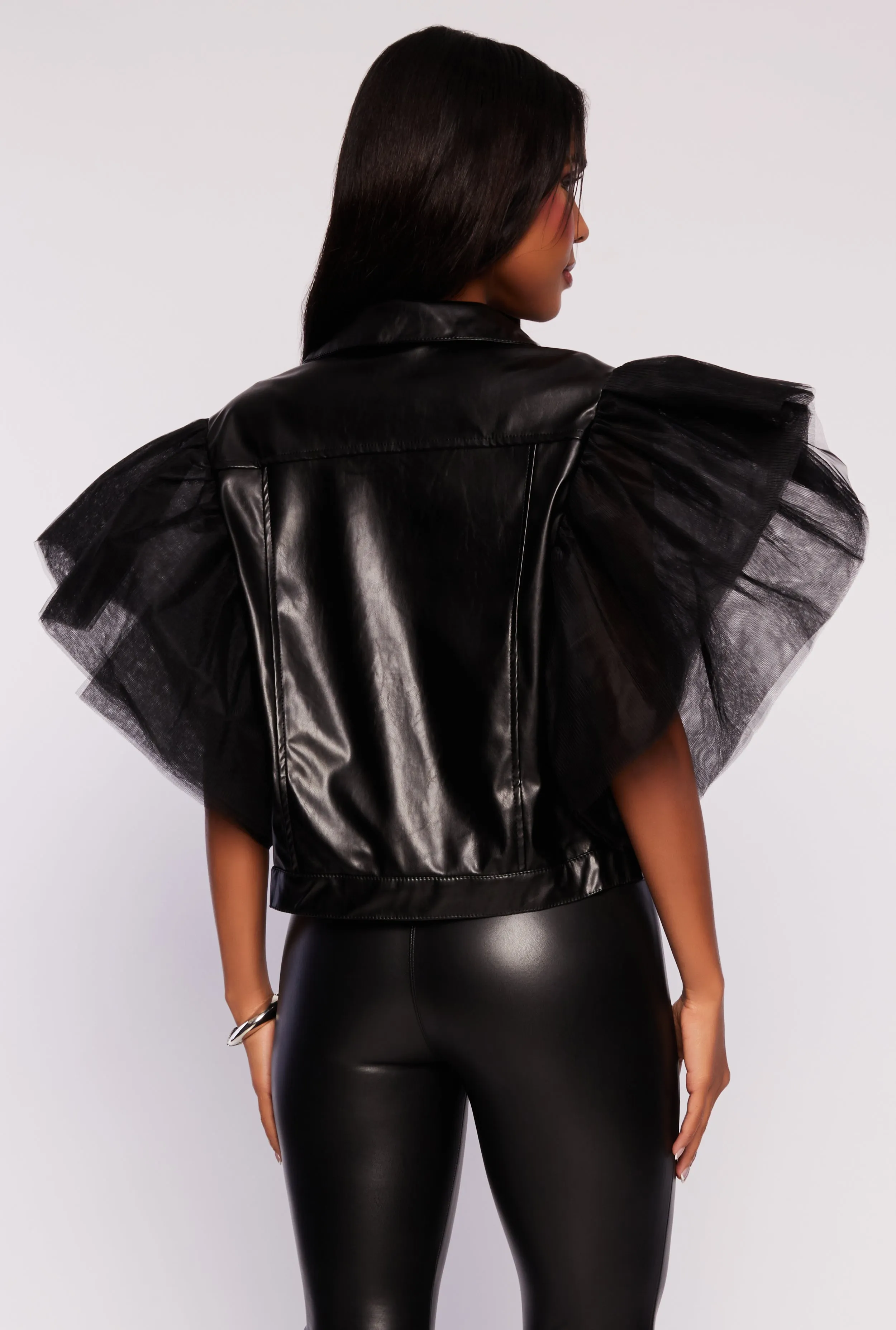 Tulle Sleeve Faux Leather Jacket sold by Rainbow product image thumbnail 3