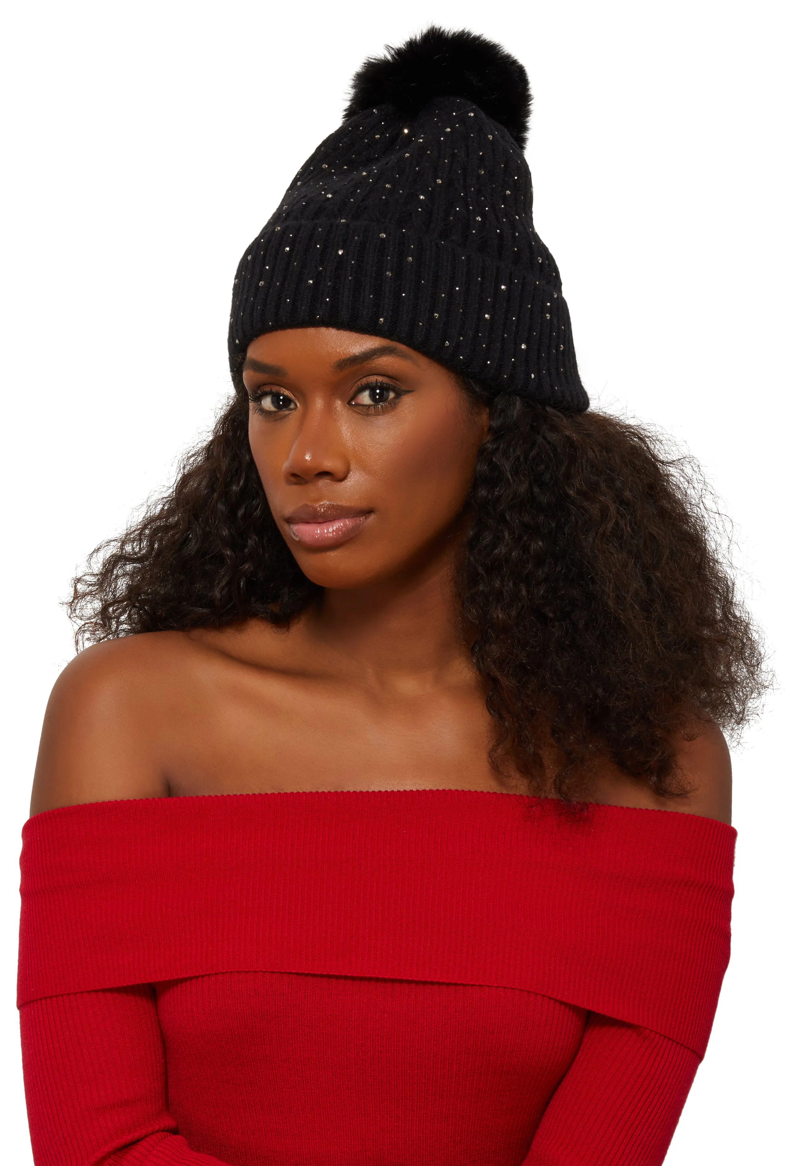 Rhinestone Cable Knit Pom Pom Beanie sold by Rainbow