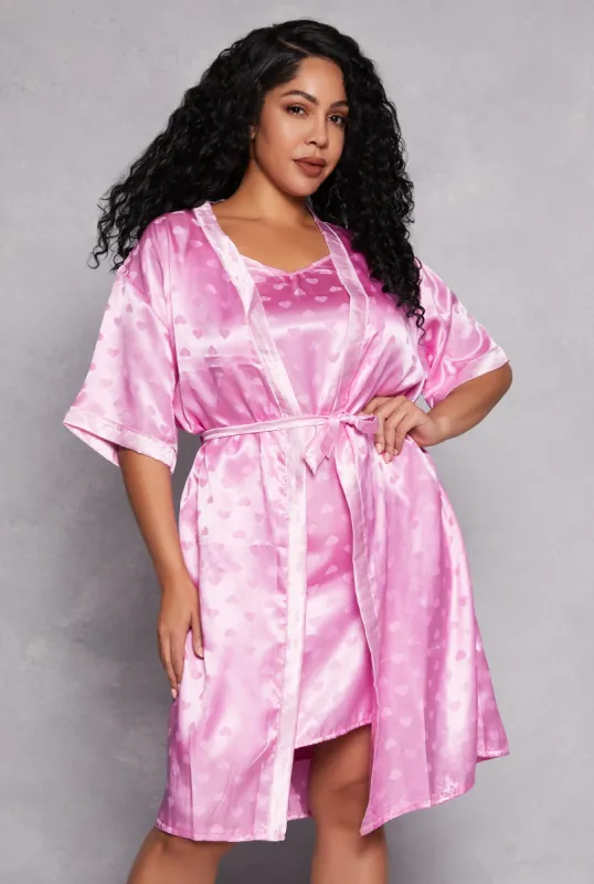 Plus Size Satin Heart Print Cami Nightgown with Robe sold by Rainbow
