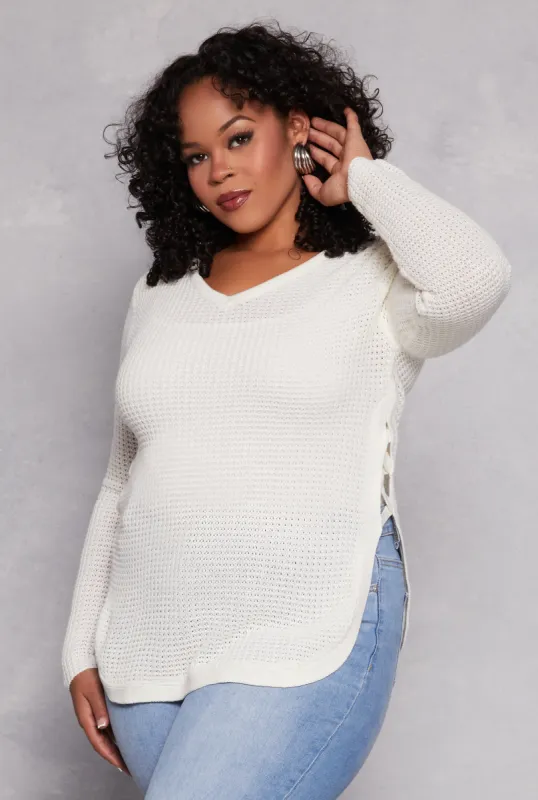 Plus Size Waffle Knit Caged Side Sweater sold by Rainbow