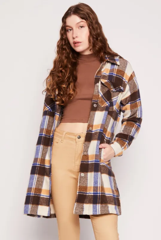 Spoon Jeans Brushed Knit Plaid Long Shacket sold by Rainbow