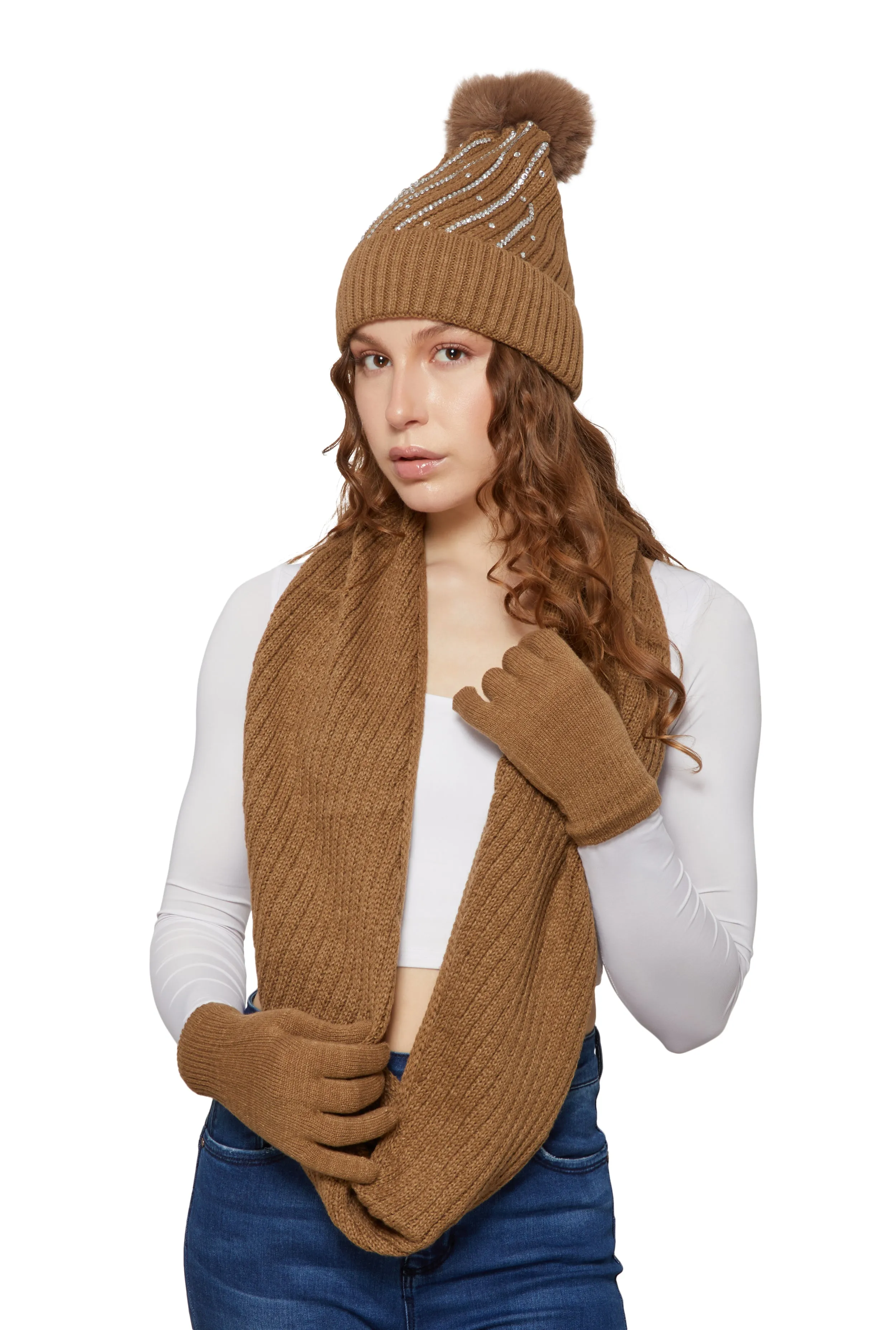 Rhinestone Detail Beanie with Infinity Scarf and Gloves sold by Rainbow