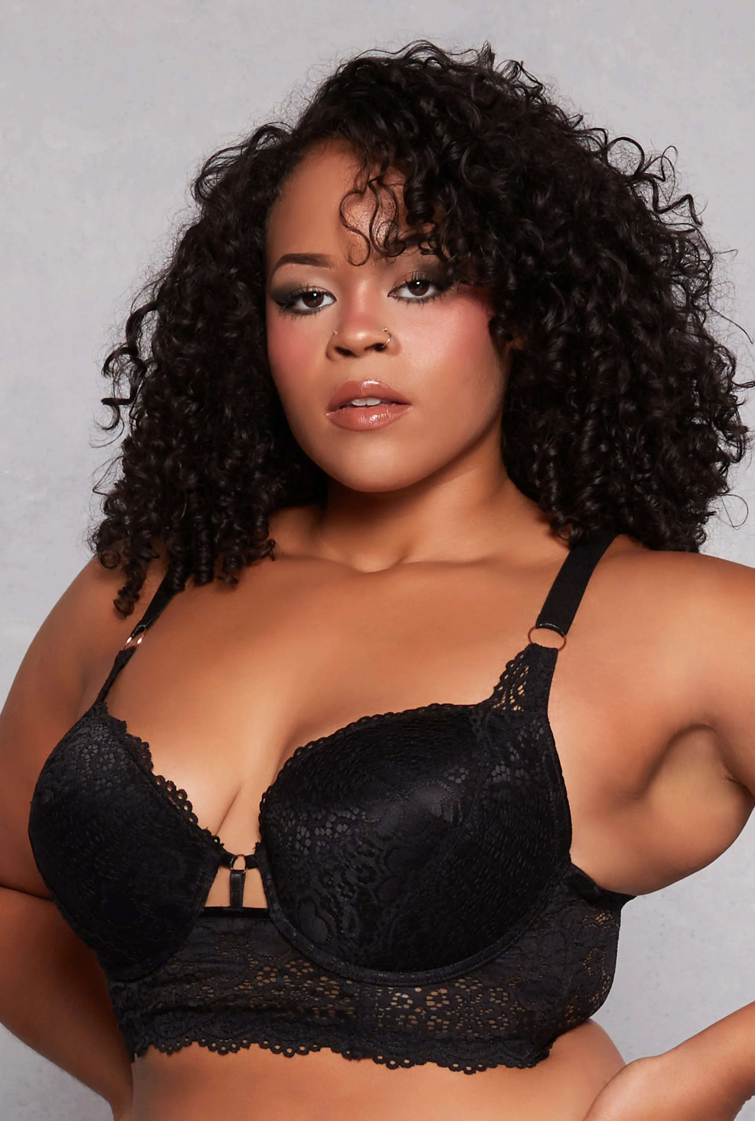 Plus Size Caged Front Longline Lace Plunge Bra sold by Rainbow