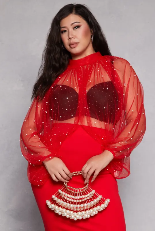 Plus Size Studded Bubble Sleeve Crop Top sold by Rainbow