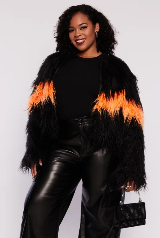 Plus Size Chevron Detail Shaggy Faux Fur Jacket sold by Rainbow