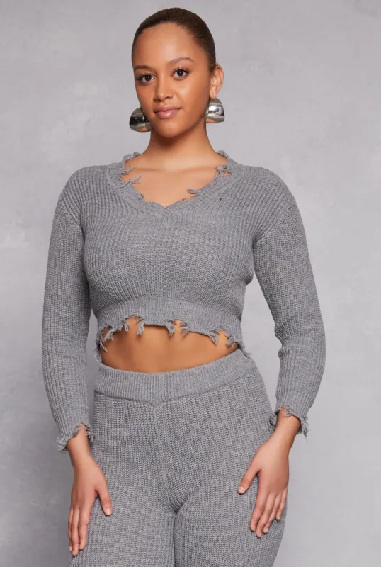 Distressed Long Sleeve V Neck Sweater sold by Rainbow