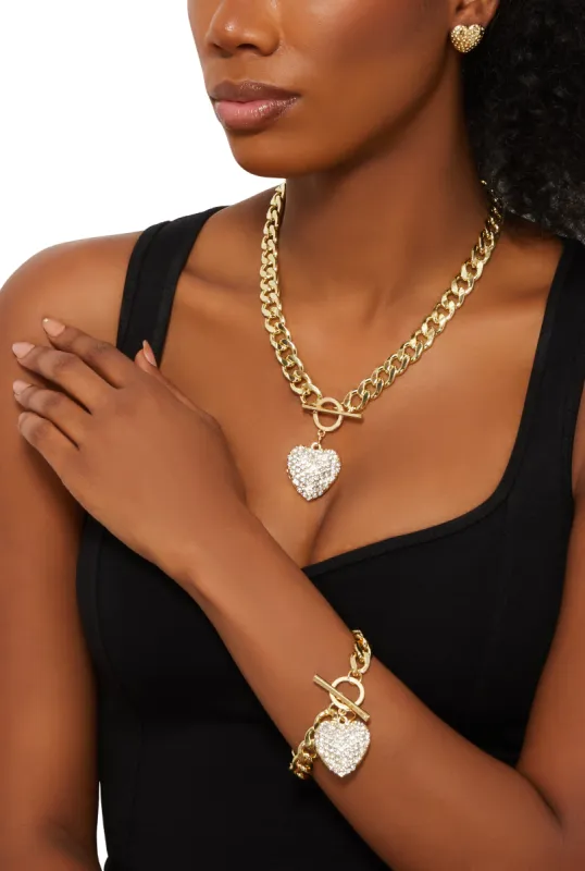 Heart Charm Toggle Closure Bracelet and Necklace with Stud Earrings sold by Rainbow