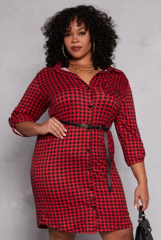 Plus Size Houndstooth Belted Shirt Dress sold by Rainbow
