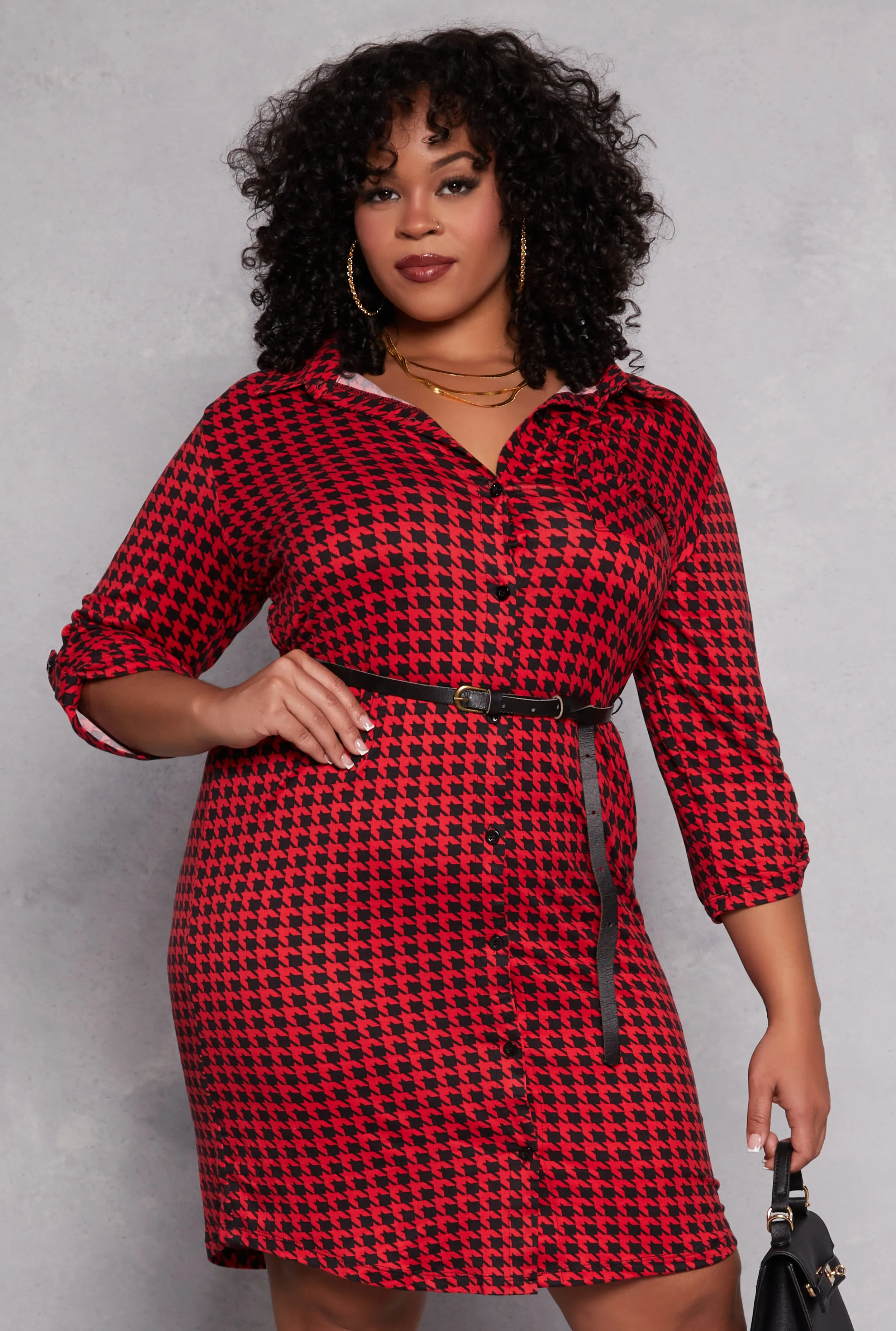 Plus Size Houndstooth Belted Shirt Dress sold by Rainbow