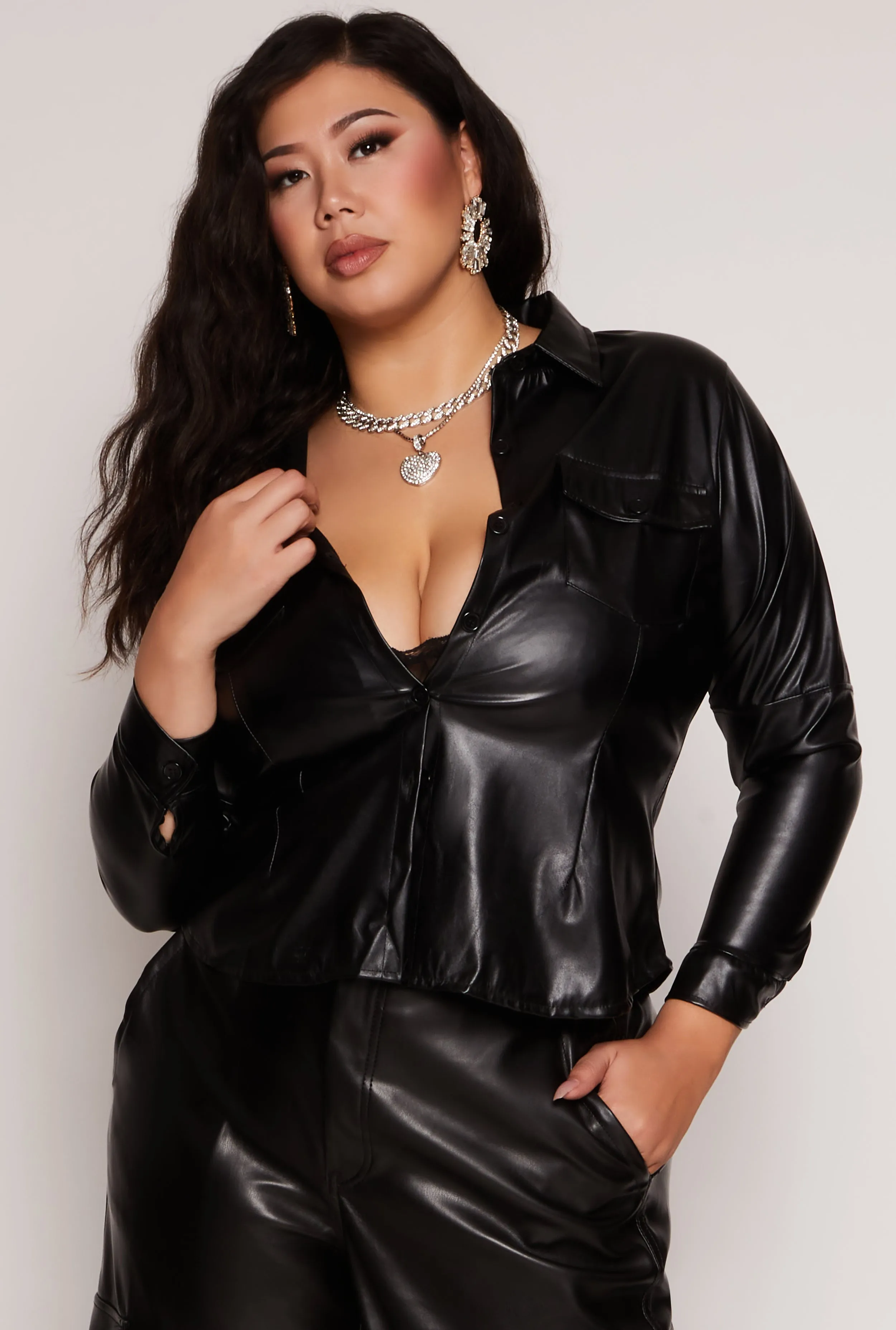 Plus Size Faux Leather Button Front Shirt sold by Rainbow