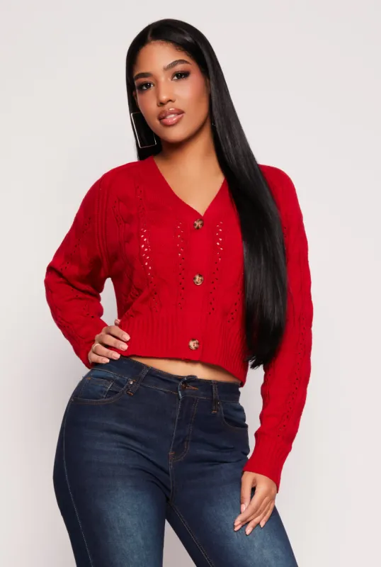 Pointelle Cable Knit Long Sleeve Cardigan sold by Rainbow