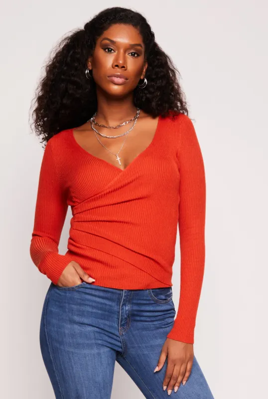 Rib Knit Long Sleeve Surplice Sweater sold by Rainbow