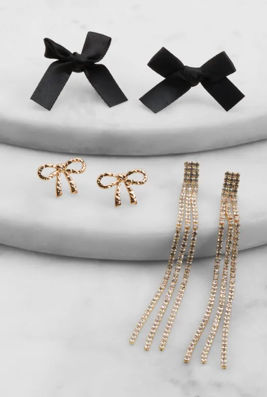 Rhinestone Fringe and Bow Stud Earrings Set of 3 sold by Rainbow