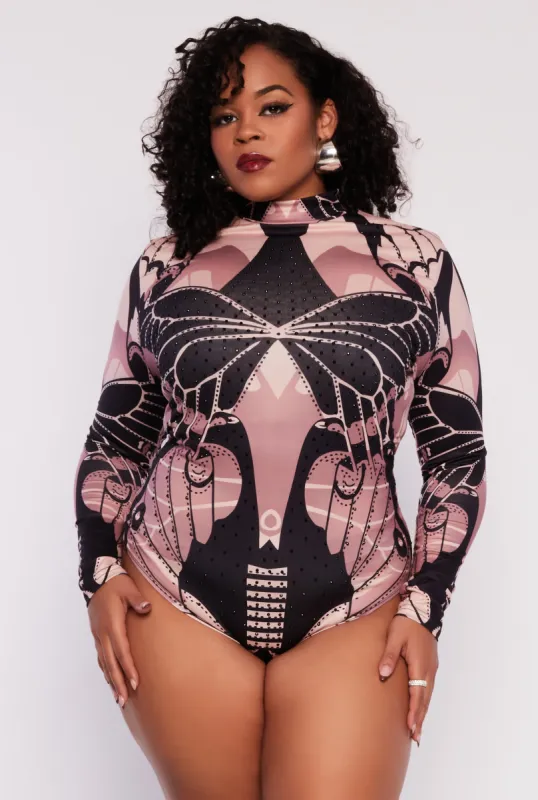 Plus Size Rhinestone Abstract Print Bodysuit sold by Rainbow