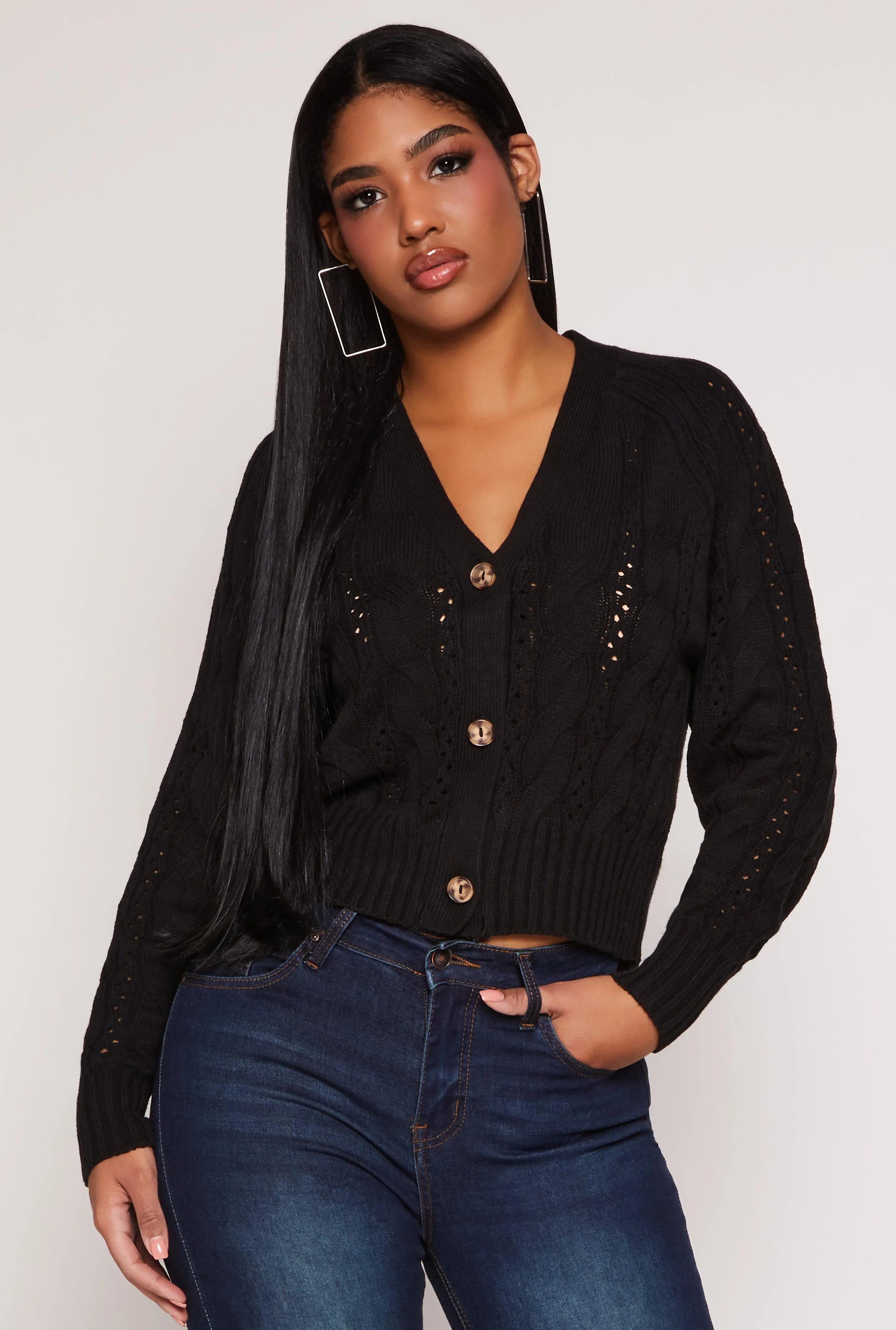 Pointelle Cable Knit Long Sleeve Cardigan sold by Rainbow