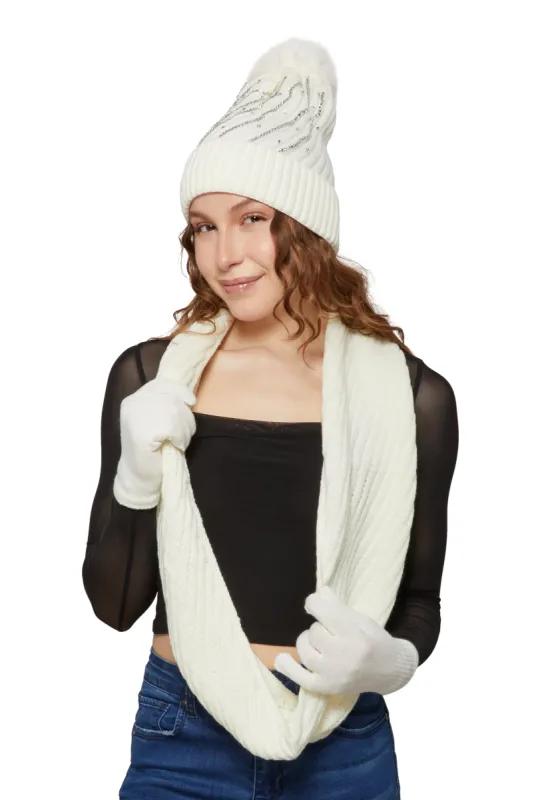Rhinestone Detail Beanie with Infinity Scarf and Gloves sold by Rainbow
