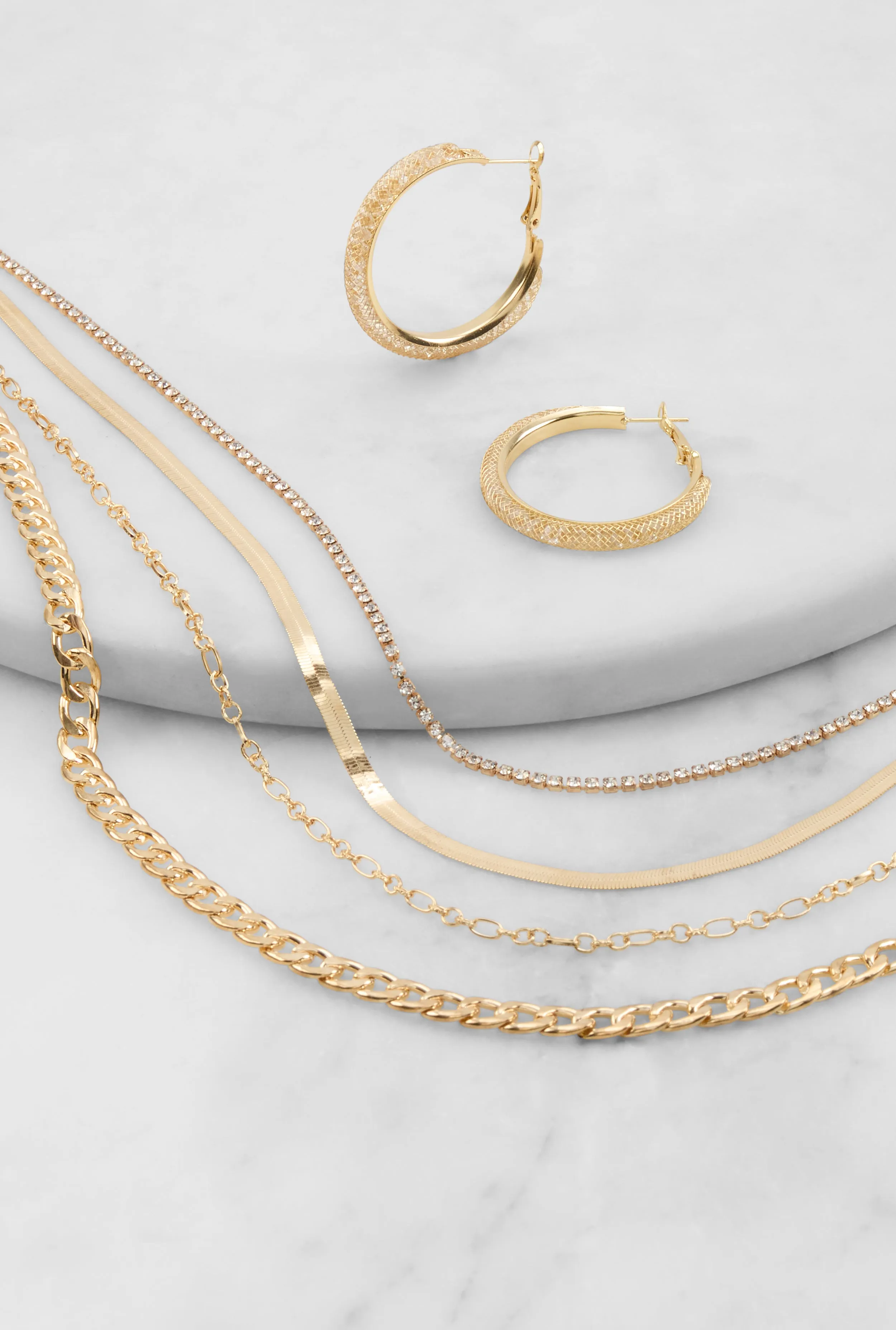 Layered Chain Necklace and Rhinestone Caged Hoop Earrings sold by Rainbow product image thumbnail 2