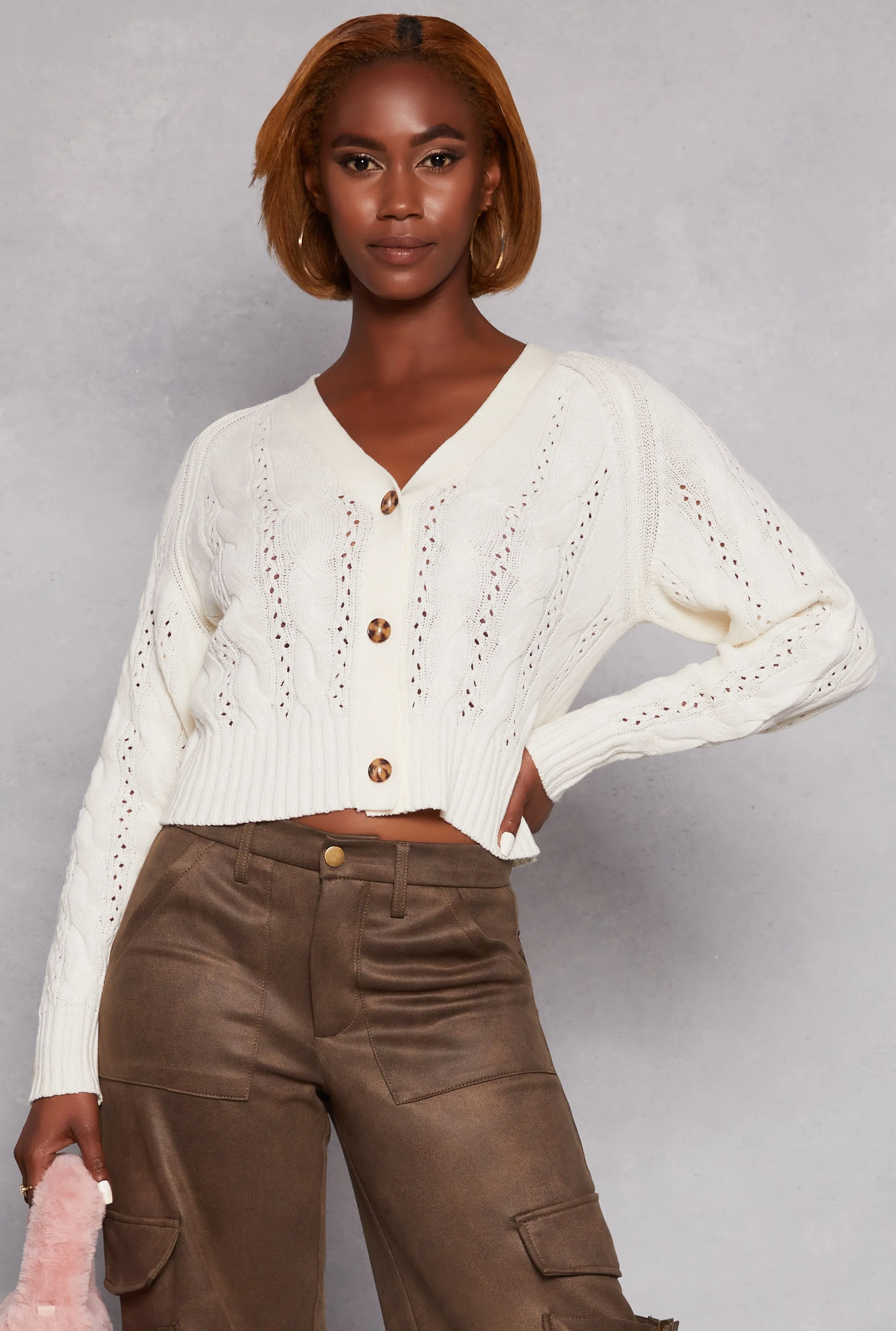 Pointelle Cable Knit Long Sleeve Cardigan sold by Rainbow