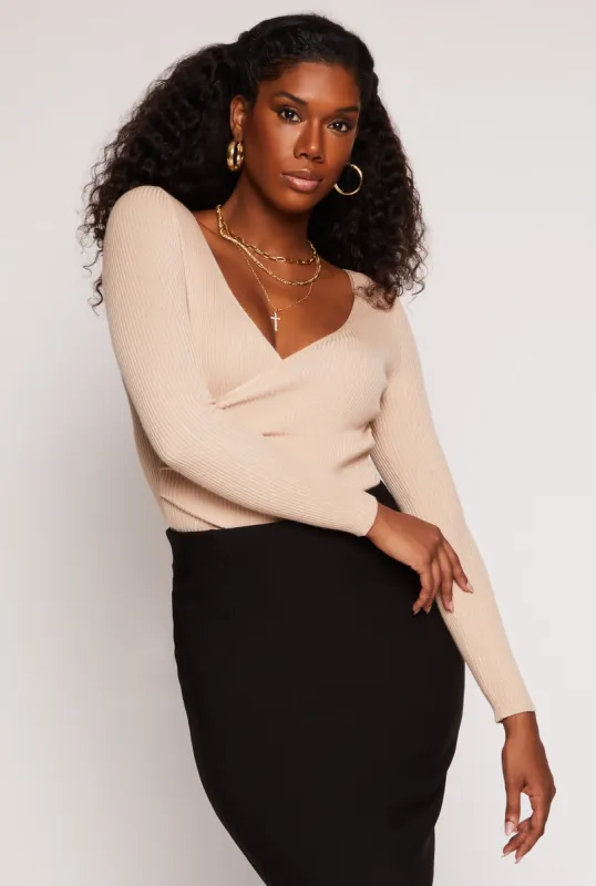 Rib Knit Long Sleeve Surplice Sweater sold by Rainbow