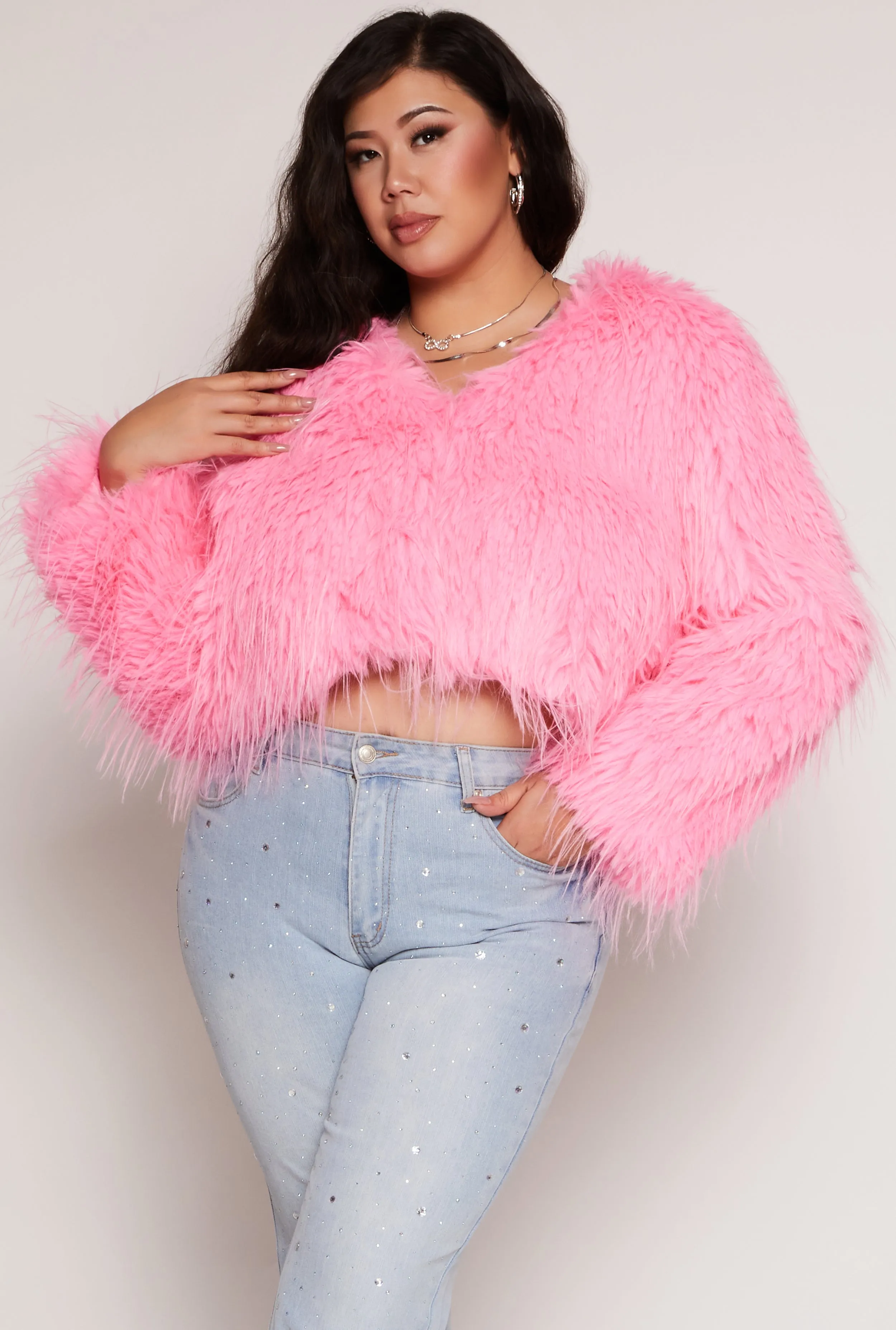 Plus Size Cropped Shaggy Faux Fur Jacket sold by Rainbow