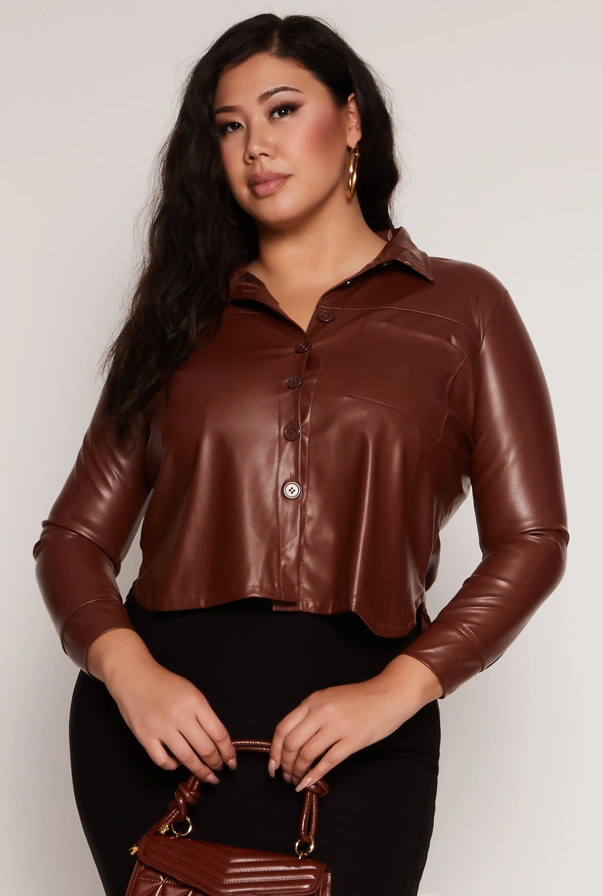 Plus Size Faux Leather Cropped Shirt sold by Rainbow
