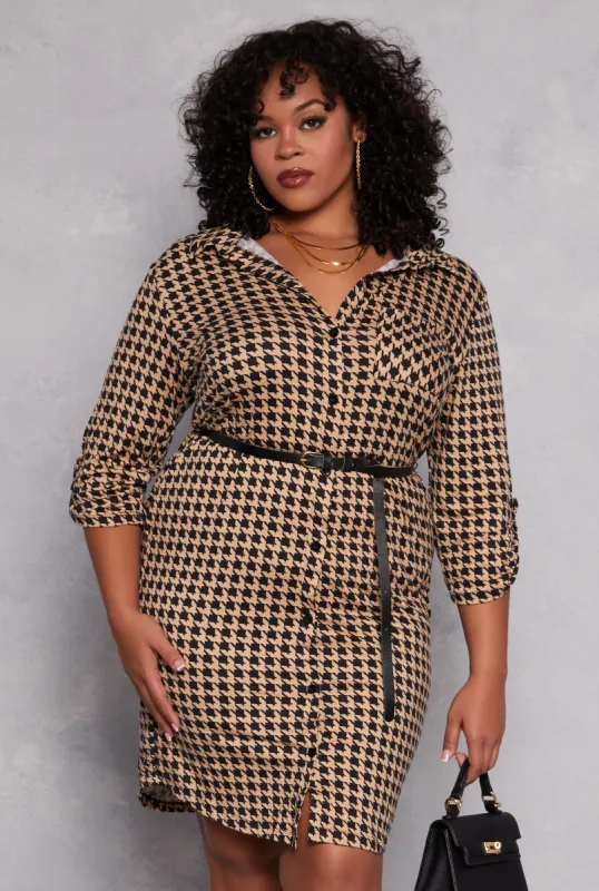Plus Size Houndstooth Belted Shirt Dress sold by Rainbow