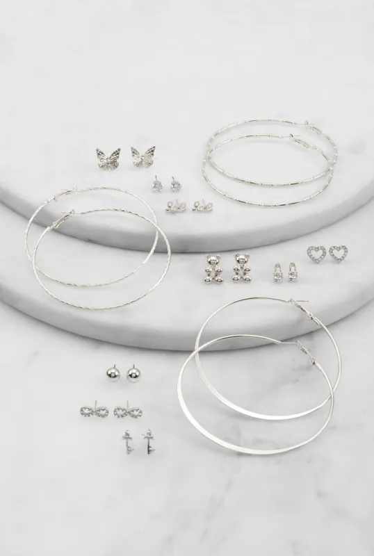 Metallic Assorted Stud and Hoop Earrings Set of 12 sold by Rainbow