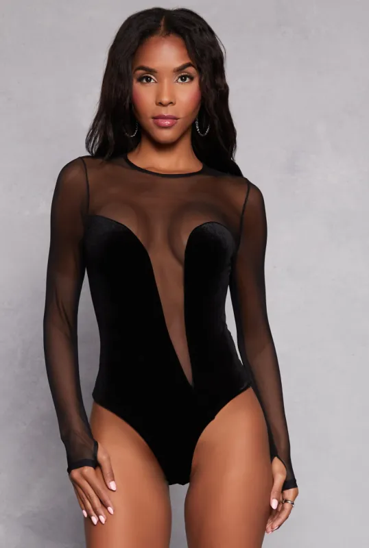 Asymmetrical Plunge Velour Bodysuit sold by Rainbow