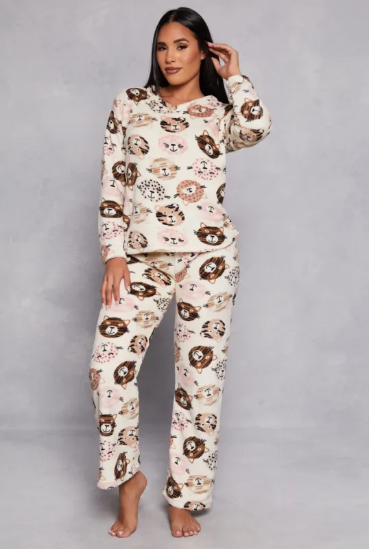 Plush Animal Face Print Pajama Top and Pants Set sold by Rainbow