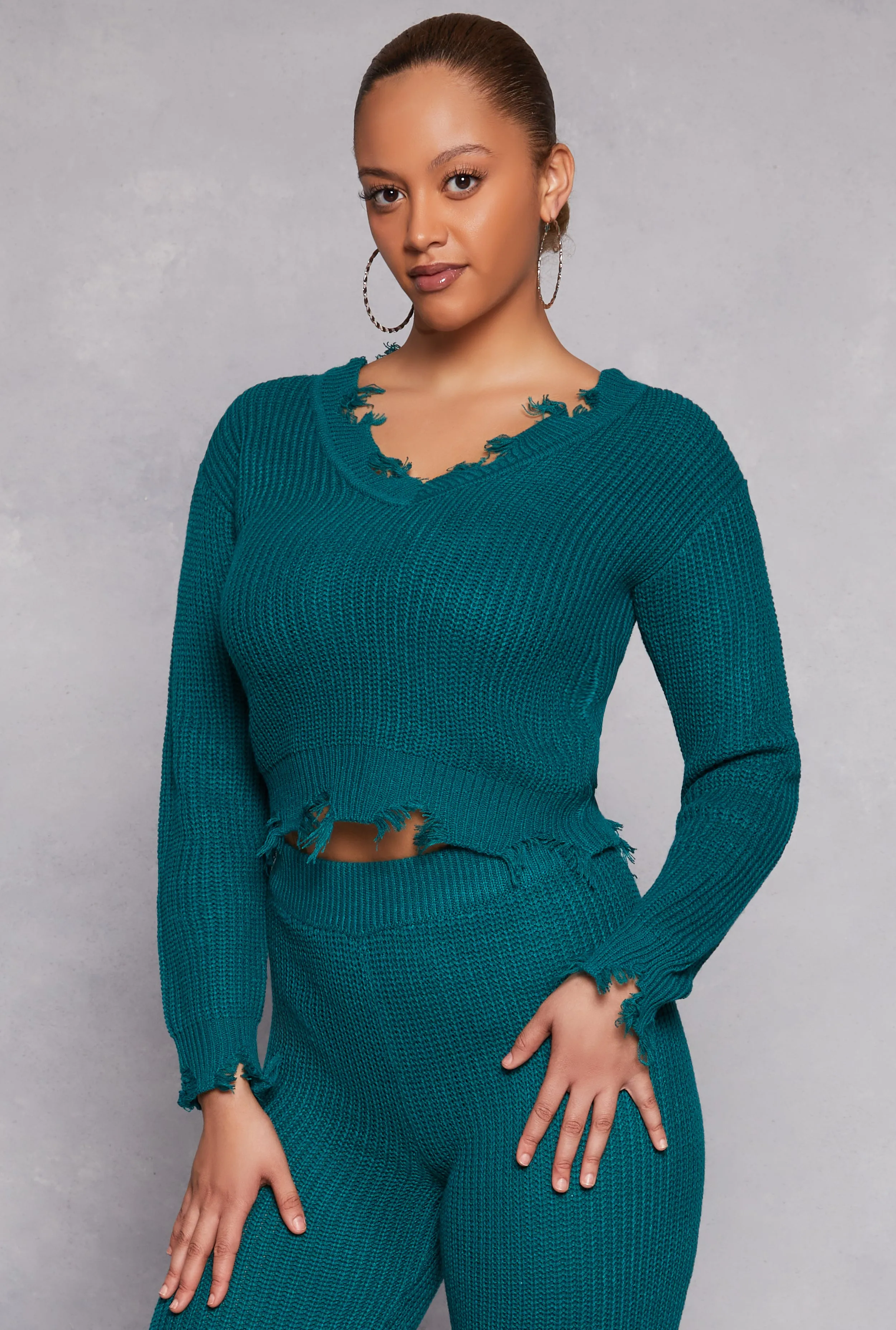 Distressed Long Sleeve V Neck Sweater sold by Rainbow