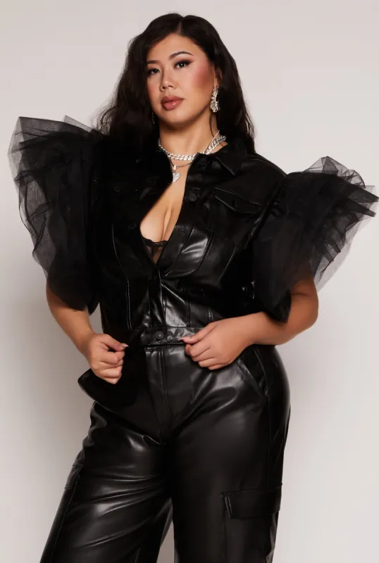 Plus Size Tulle Flutter Sleeve Faux Leather Vest sold by Rainbow