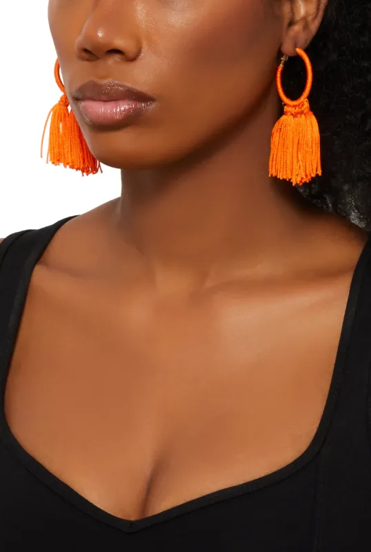 Threaded Tassel Hoop Earrings sold by Rainbow
