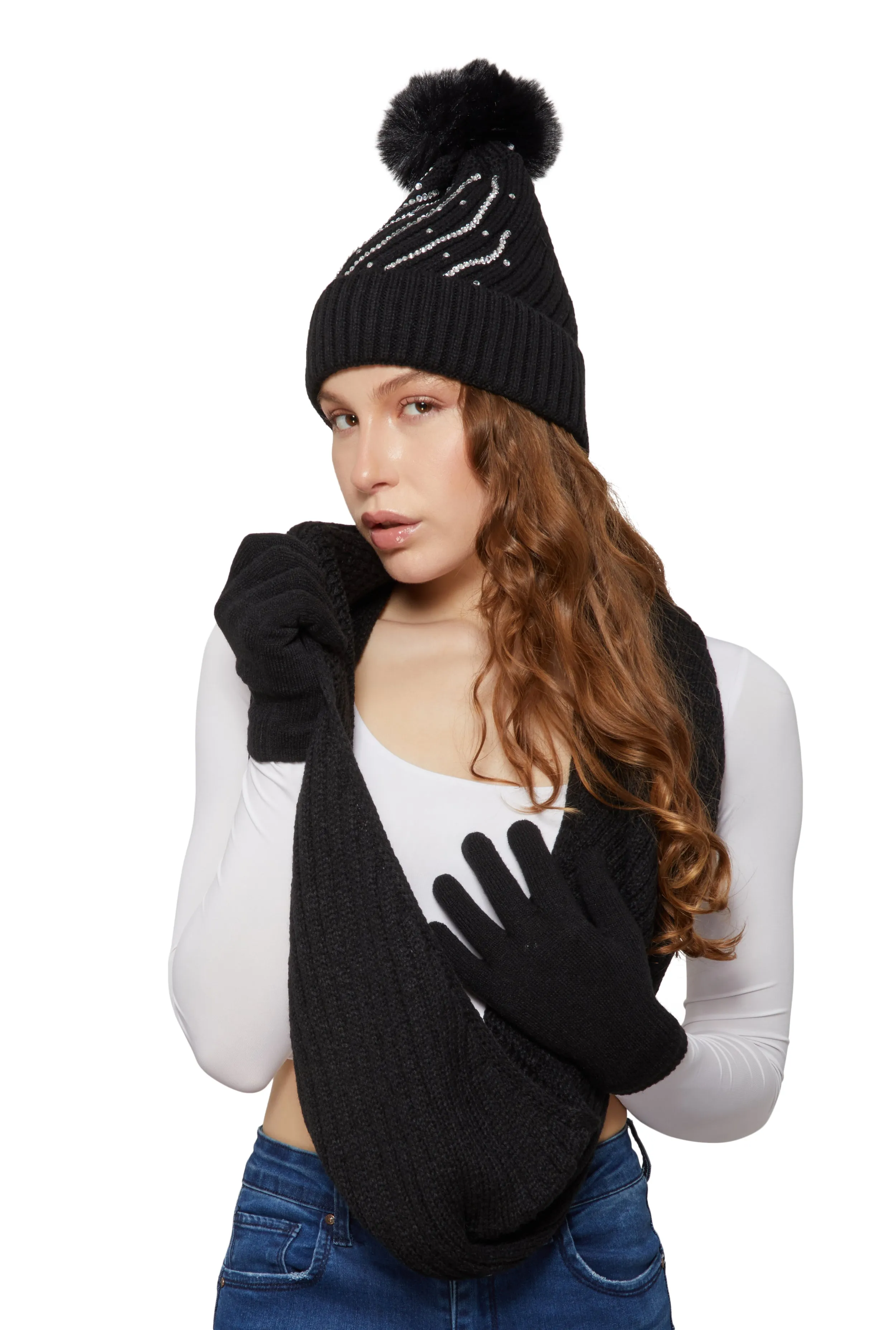 Rhinestone Detail Beanie with Infinity Scarf and Gloves sold by Rainbow