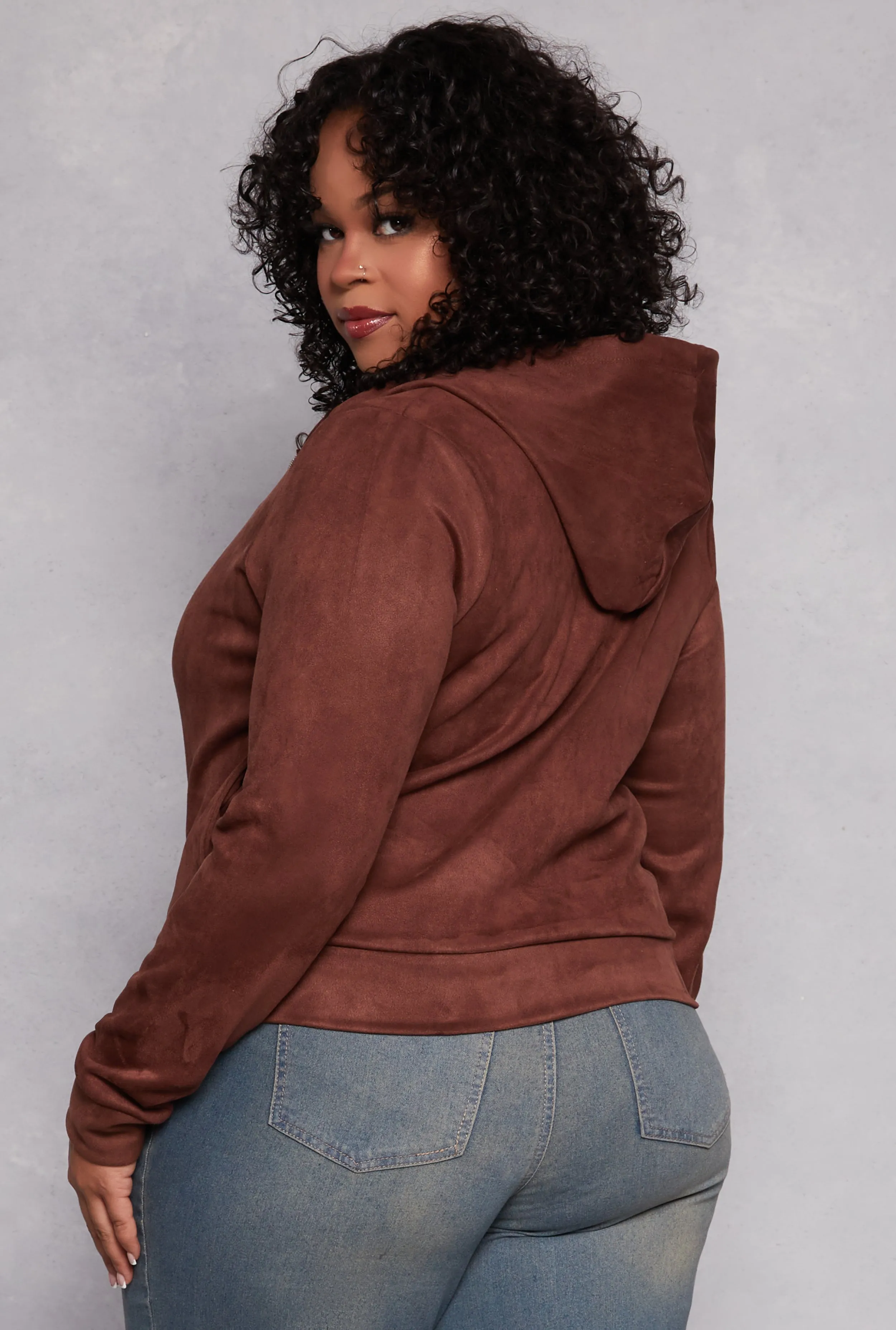 Plus Size Faux Suede Zip Front Hoodie sold by Rainbow product image thumbnail 3