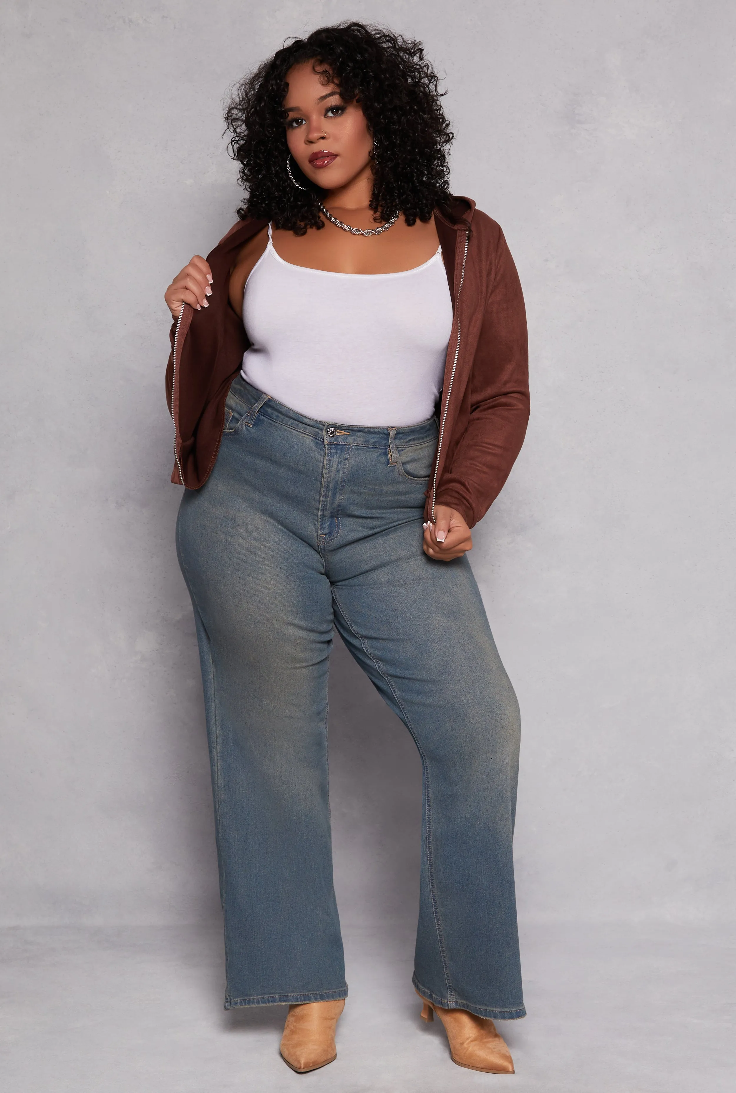 Plus Size Faux Suede Zip Front Hoodie sold by Rainbow product image thumbnail 2