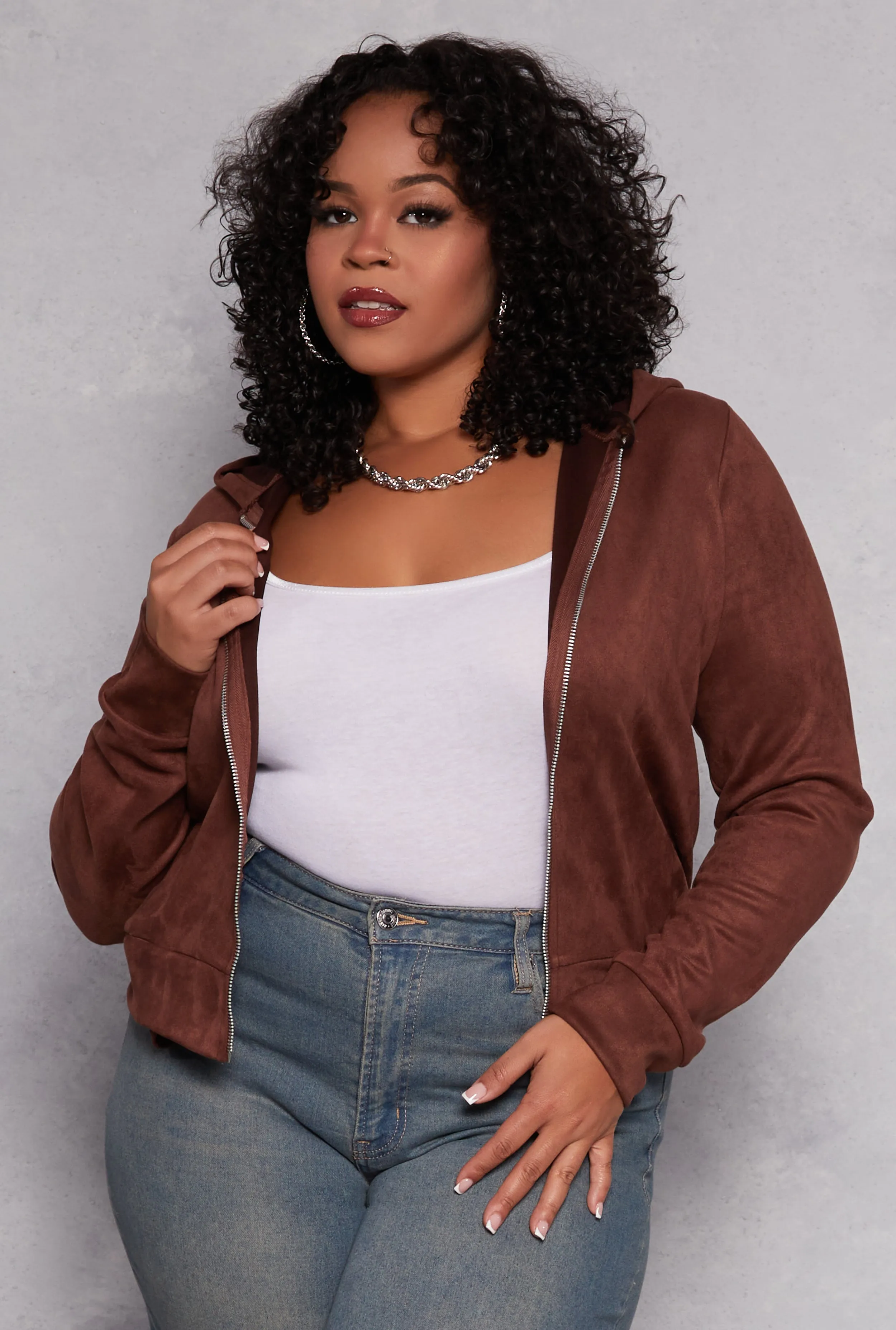 Plus Size Faux Suede Zip Front Hoodie sold by Rainbow
