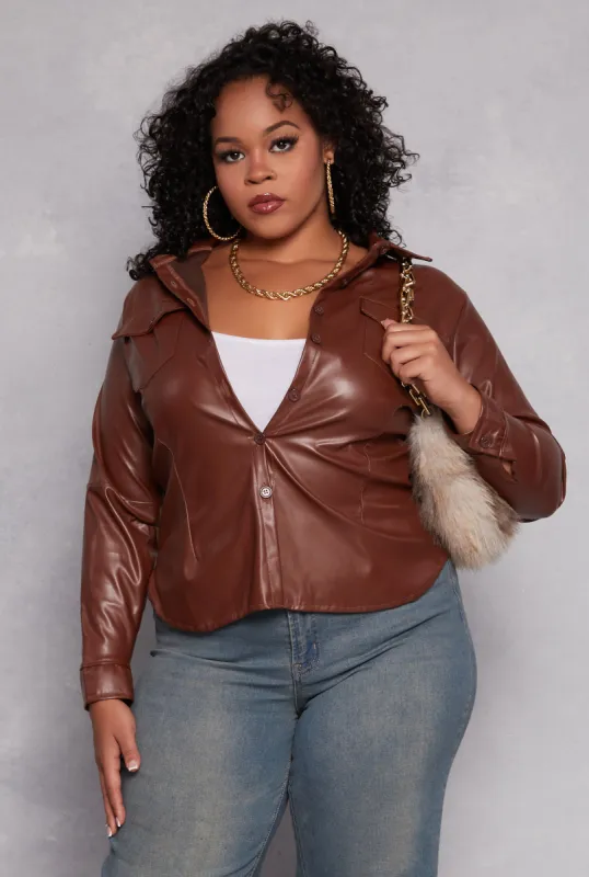 Plus Size Faux Leather Button Front Shirt sold by Rainbow