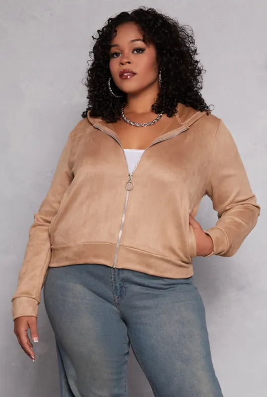 Plus Size Faux Suede Zip Front Hoodie sold by Rainbow