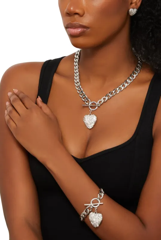 Heart Charm Toggle Closure Bracelet and Necklace with Stud Earrings sold by Rainbow