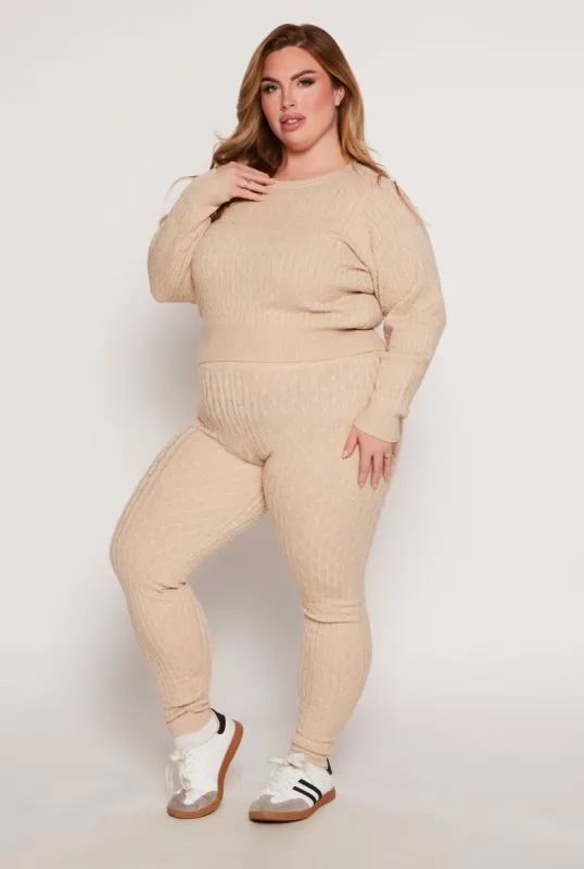 Plus Size Cable Knit Wide Waist Leggings sold by Rainbow