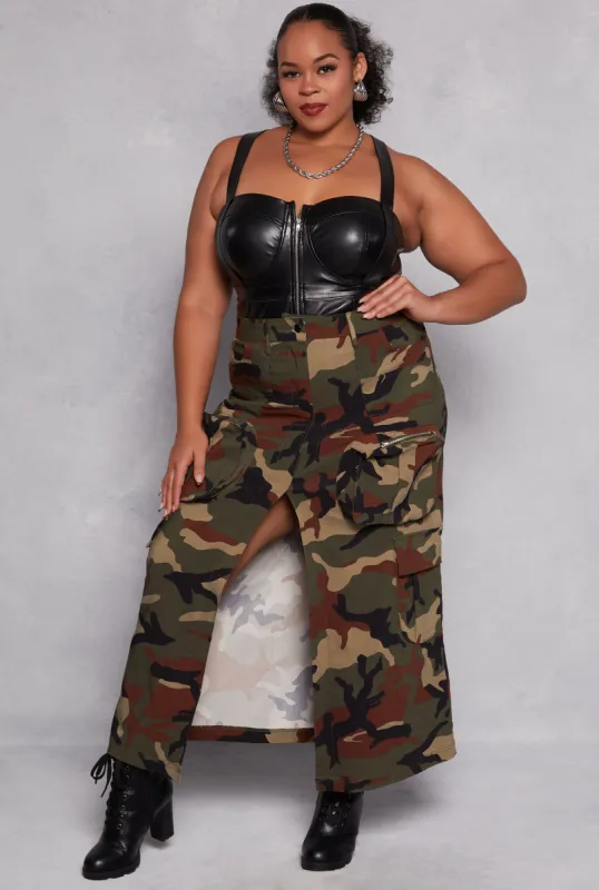 Plus Size Camo Slit Front Maxi Cargo Skirt sold by Rainbow