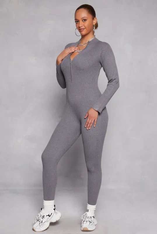Ribbed Knit Zip Front Long Sleeve Catsuit sold by Rainbow