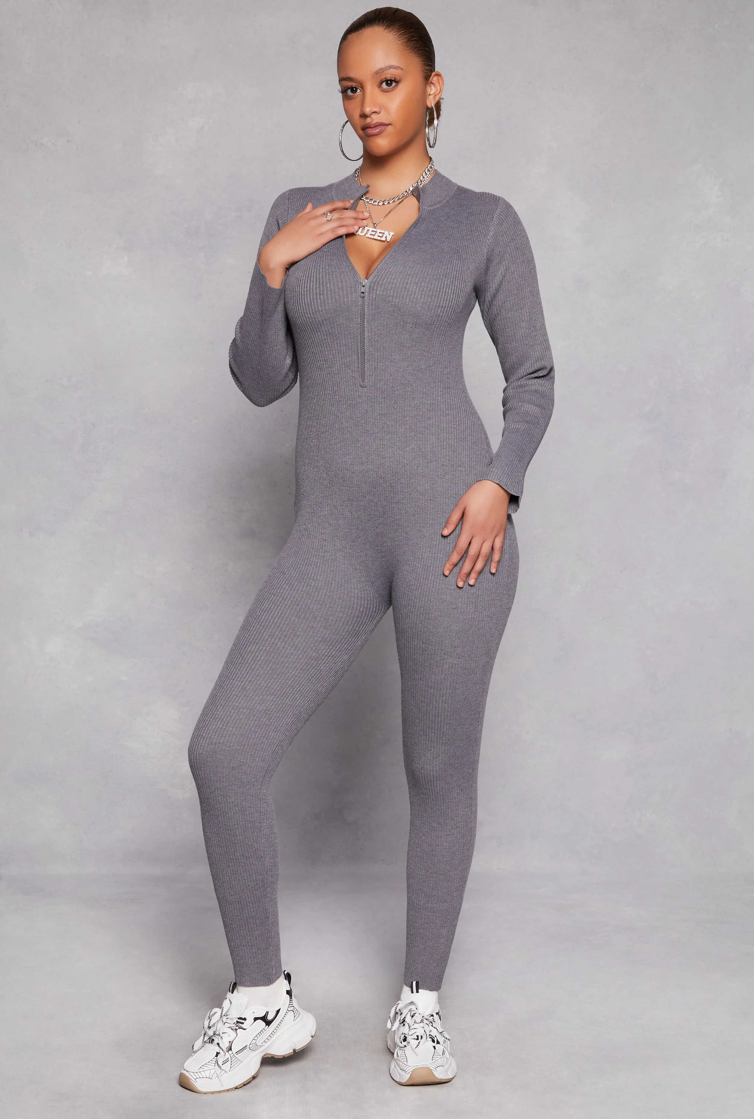 Ribbed Knit Zip Front Long Sleeve Catsuit sold by Rainbow product image thumbnail 2